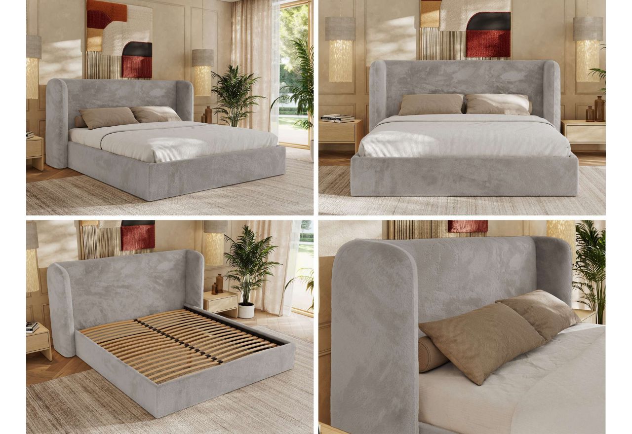 Łóżko tapicerowane EMORA CLASSIC 180x200 - materac multipocket - jasnoszary, plusz