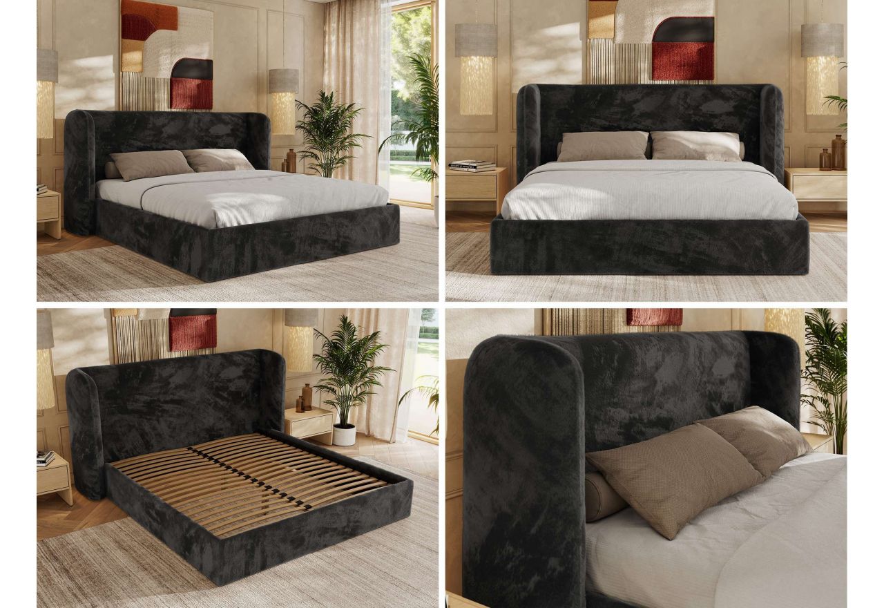 Łóżko tapicerowane EMORA CLASSIC 180x200 - materac piankowy - ciemnoszary, plusz