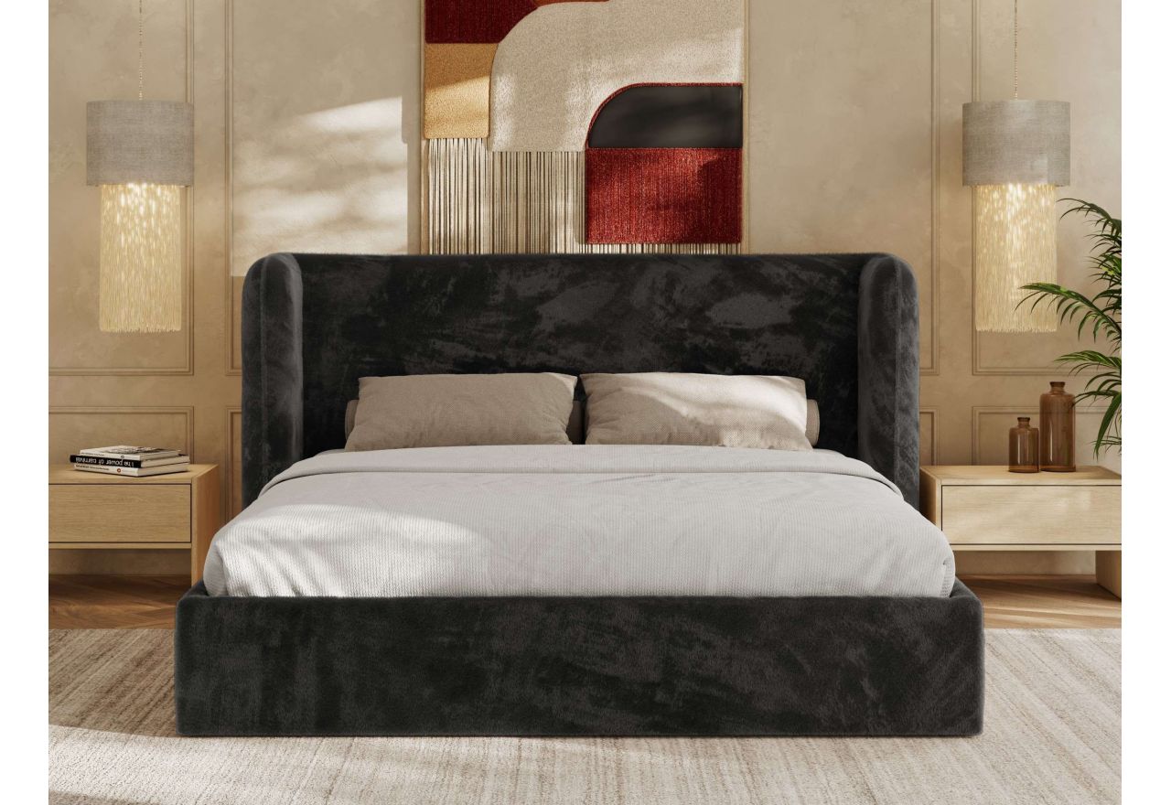 Łóżko tapicerowane EMORA CLASSIC 160x200 - materac pocket - ciemnoszary, plusz