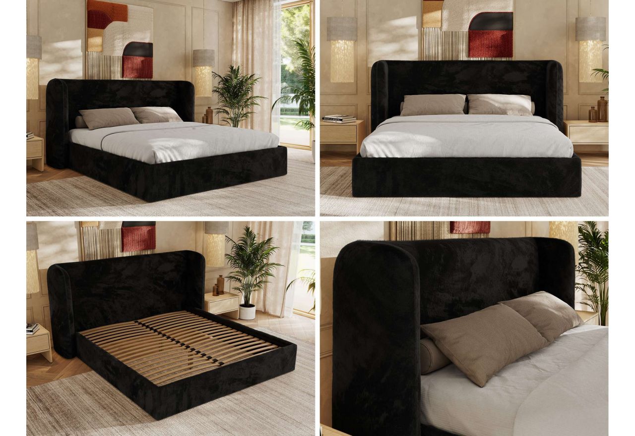 Łóżko tapicerowane EMORA CLASSIC 180x200 - materac piankowy - czarny, plusz