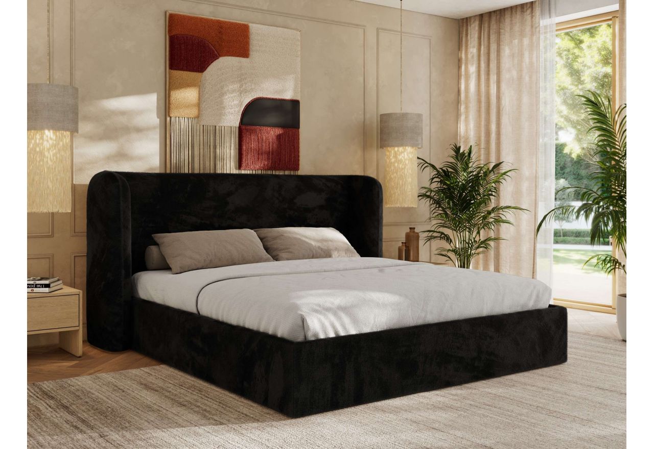 Łóżko tapicerowane EMORA CLASSIC 160x200 - materac pocket - czarny, plusz