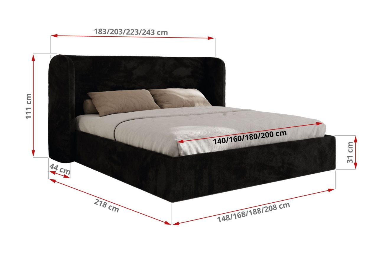 Łóżko tapicerowane EMORA CLASSIC 180x200 - materac pocket - czarny, plusz
