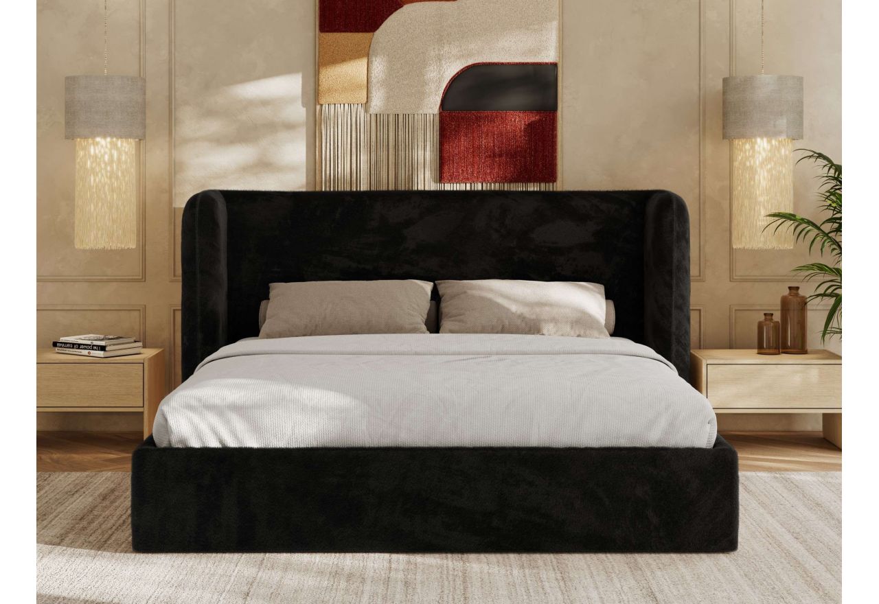 Łóżko tapicerowane EMORA CLASSIC 200x200 - materac multipocket - czarny, plusz