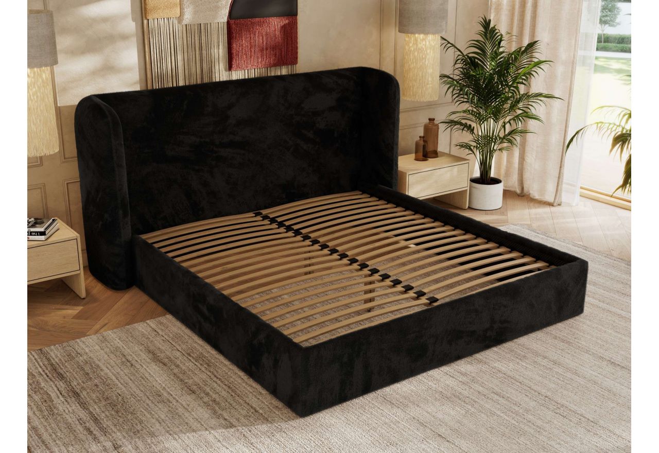 Łóżko tapicerowane EMORA CLASSIC 200x200 - materac multipocket - czarny, plusz