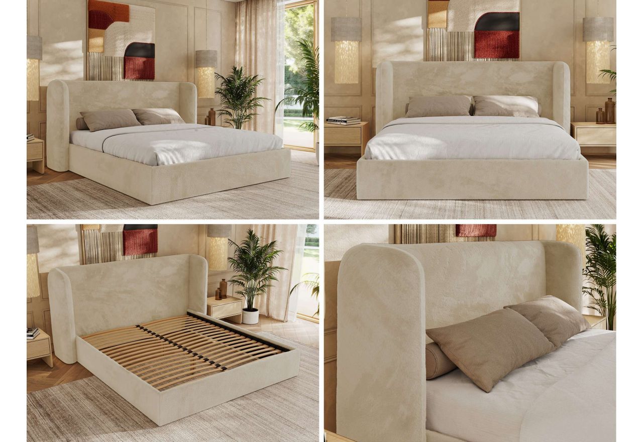 Łóżko tapicerowane EMORA CLASSIC 180x200 - materac pocket - kremowy, plusz