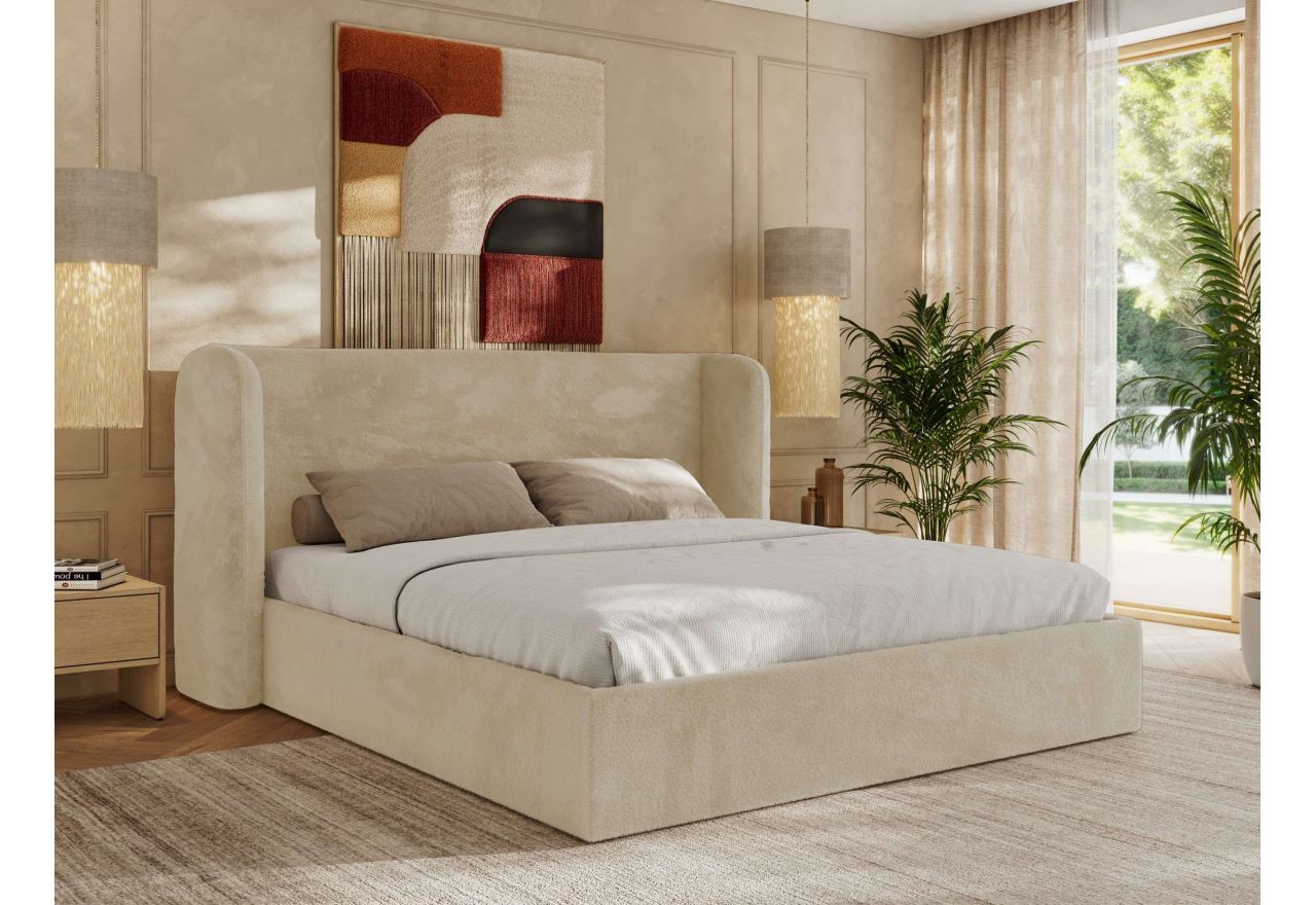 Łóżko tapicerowane EMORA CLASSIC 180x200 - materac multipocket - kremowy, plusz