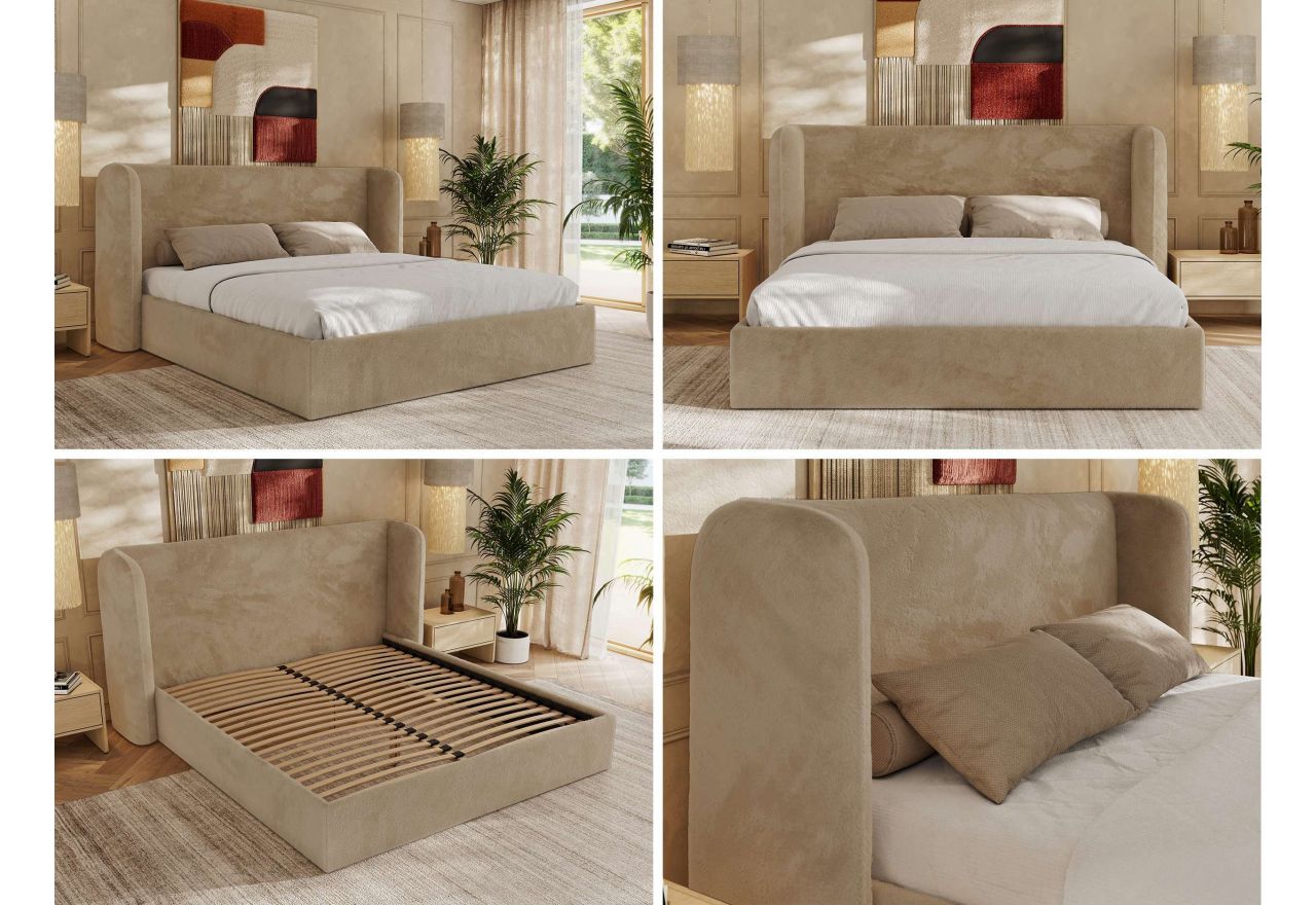 Łóżko tapicerowane EMORA CLASSIC 140x200 - materac piankowy - beżowy, plusz