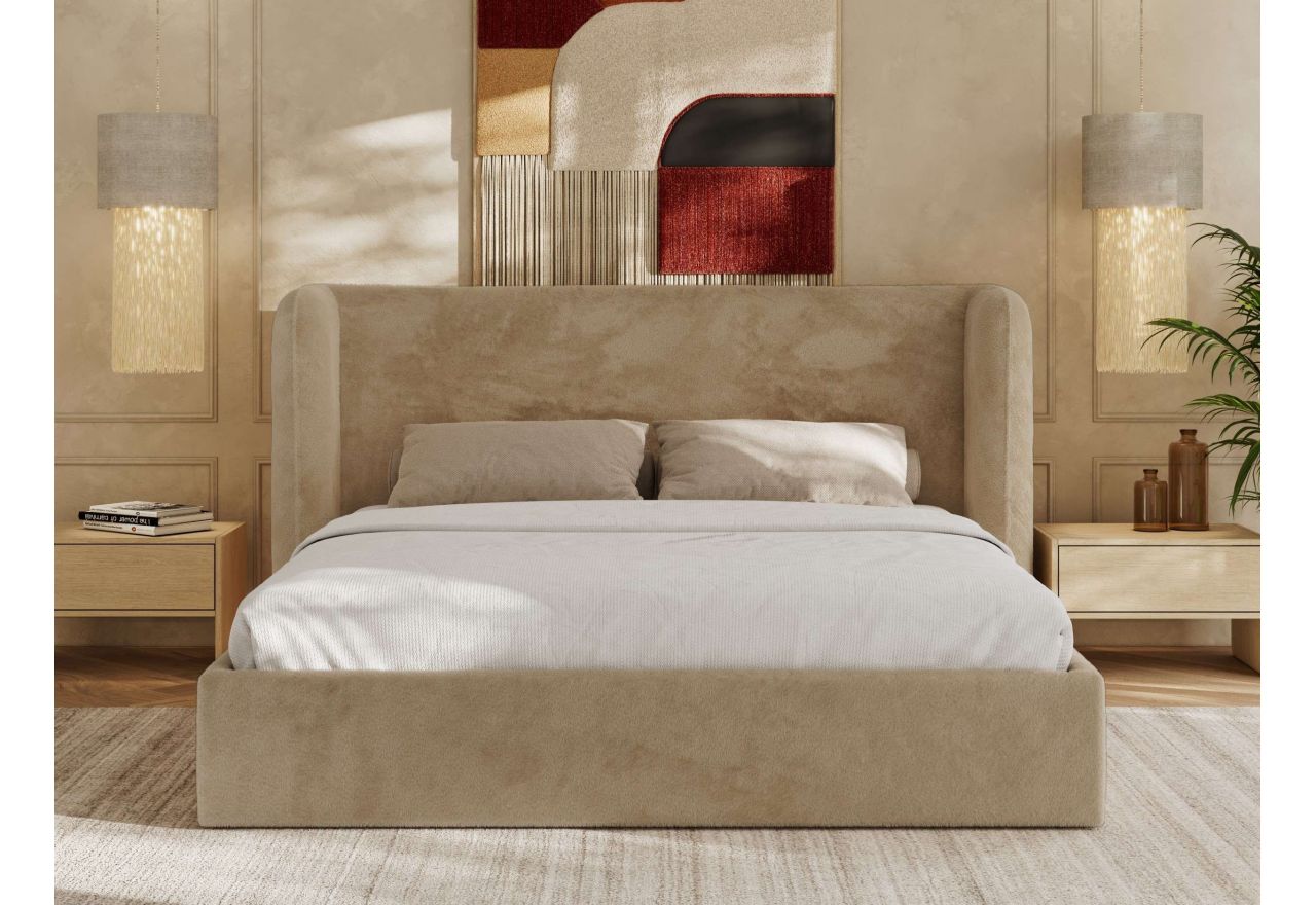 Łóżko tapicerowane EMORA CLASSIC 200x200 - materac pocket - beżowy, plusz