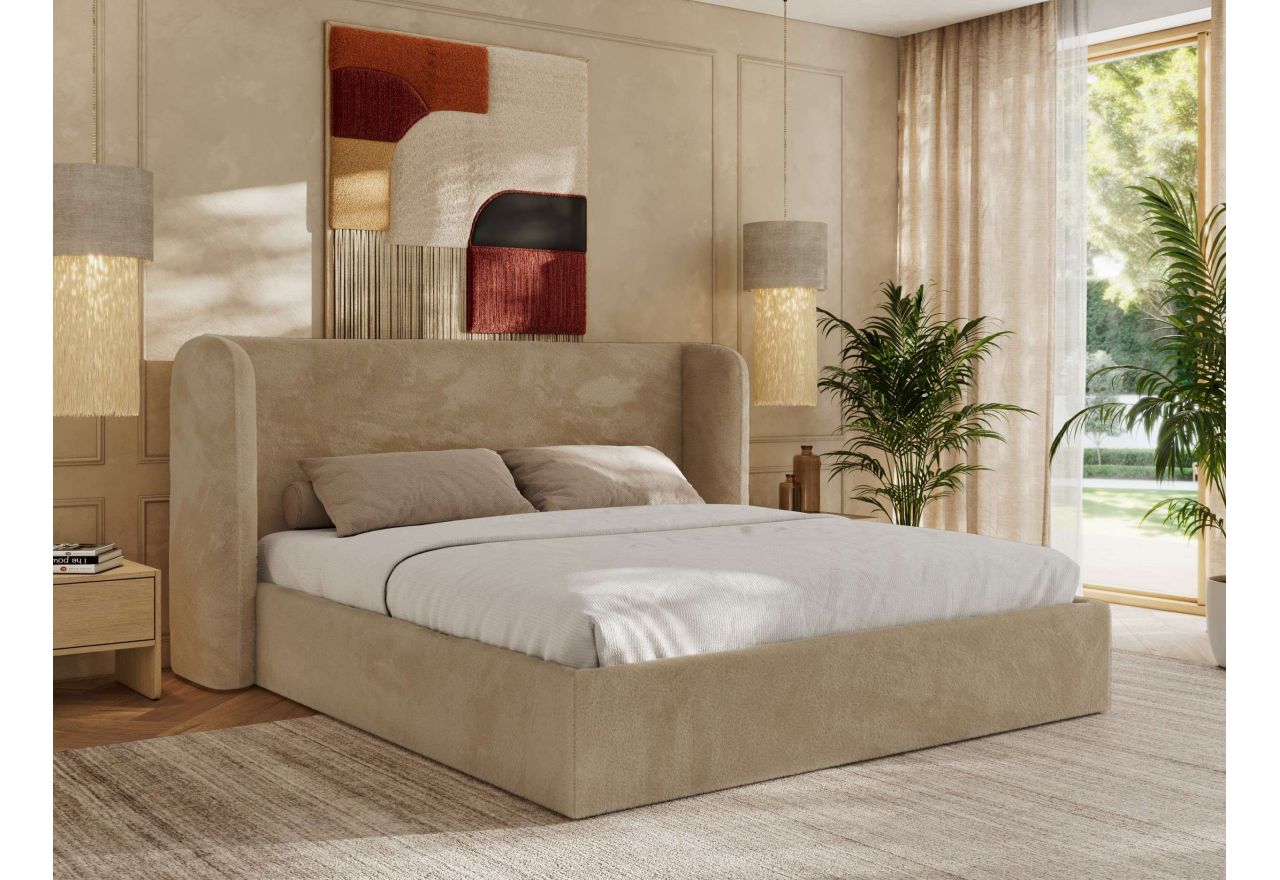 Łóżko tapicerowane EMORA CLASSIC 200x200 - materac multipocket - beżowy, plusz