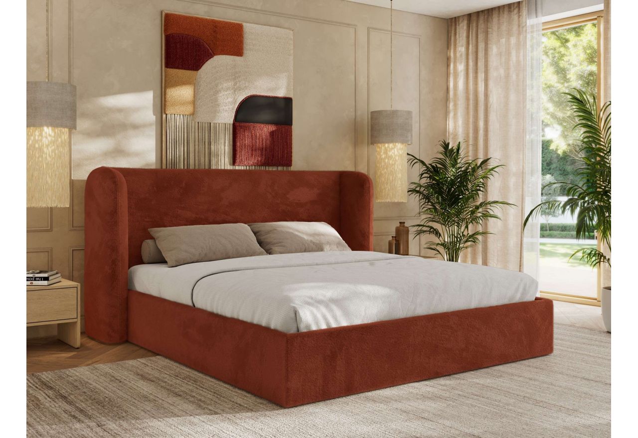 Łóżko tapicerowane EMORA CLASSIC 140x200 - materac multipocket - pomarańczowy, plusz