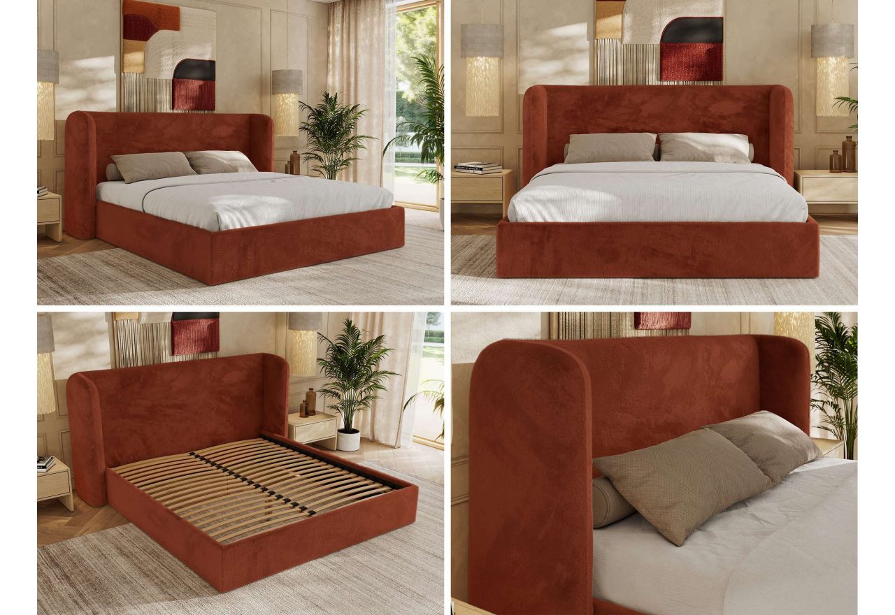 Łóżko tapicerowane EMORA CLASSIC 200x200 - materac multipocket - pomarańczowy, plusz