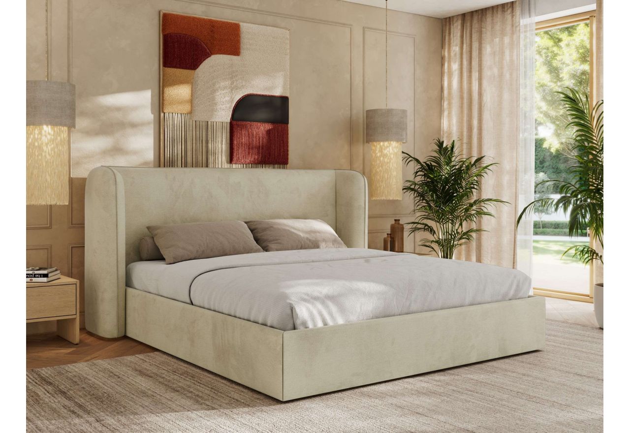 Łóżko tapicerowane EMORA CLASSIC 160x200 - materac multipocket - beżowy, welwet