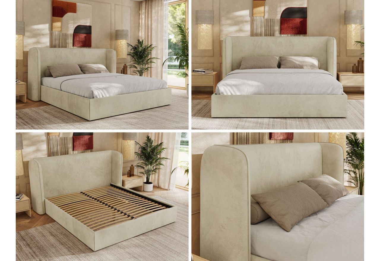 Łóżko tapicerowane EMORA CLASSIC 180x200 - materac multipocket - beżowy, welwet