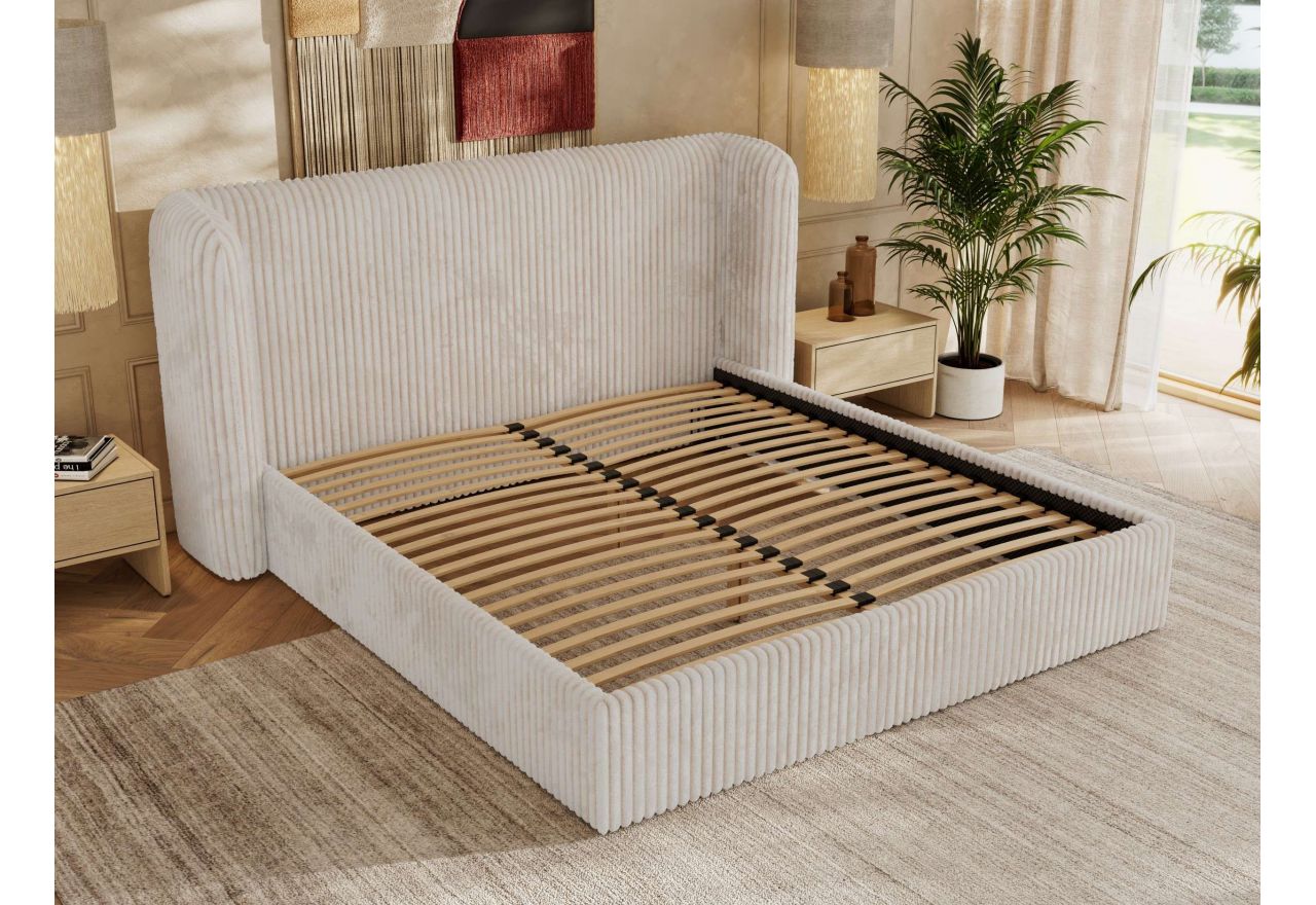 Łóżko tapicerowane EMORA CLASSIC 160x200 - materac multipocket - beżowy, sztruks