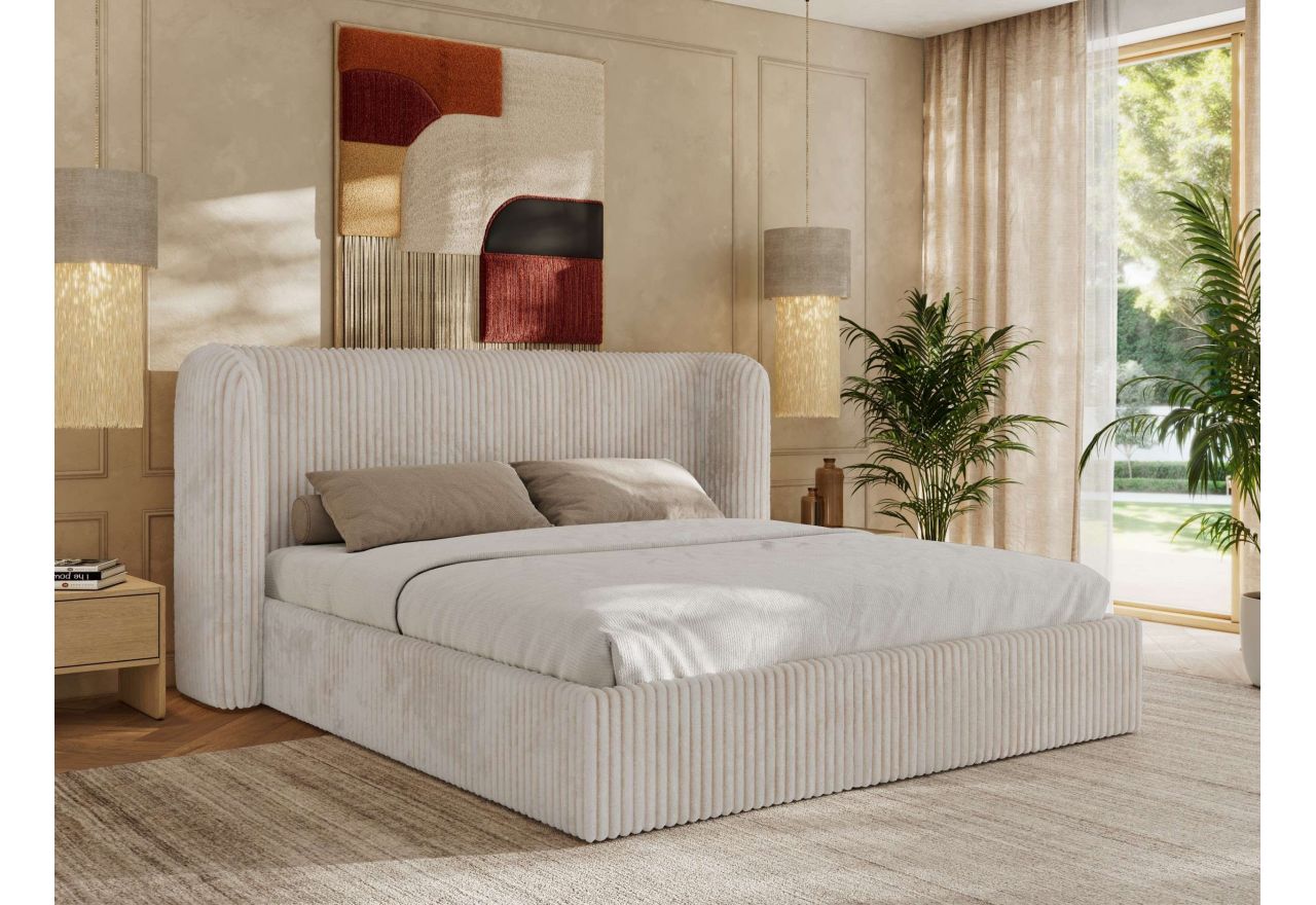 Łóżko tapicerowane EMORA CLASSIC 180x200 - materac multipocket - beżowy, sztruks