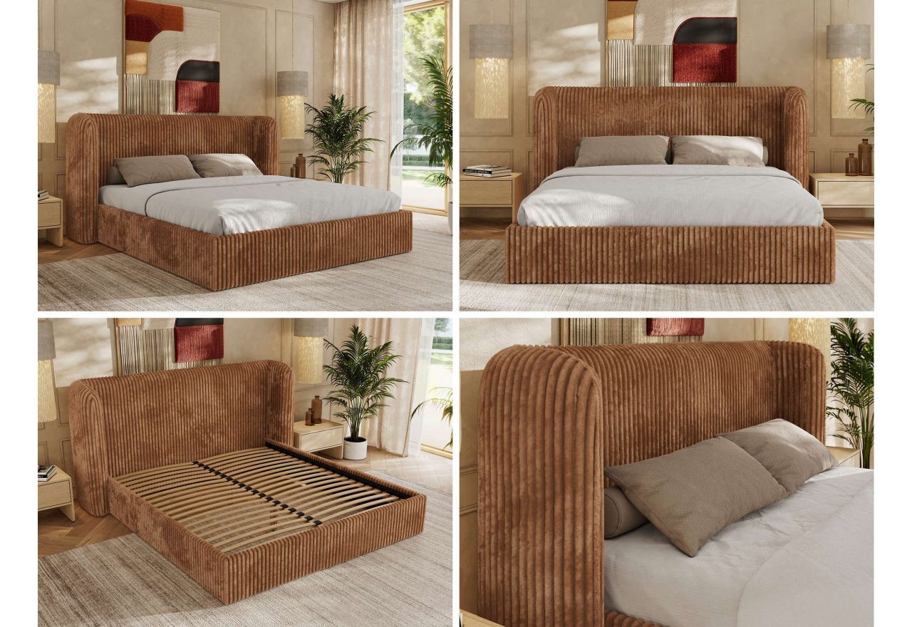 Łóżko tapicerowane EMORA CLASSIC 140x200 - materac multipocket - pomarańczowy, sztruks