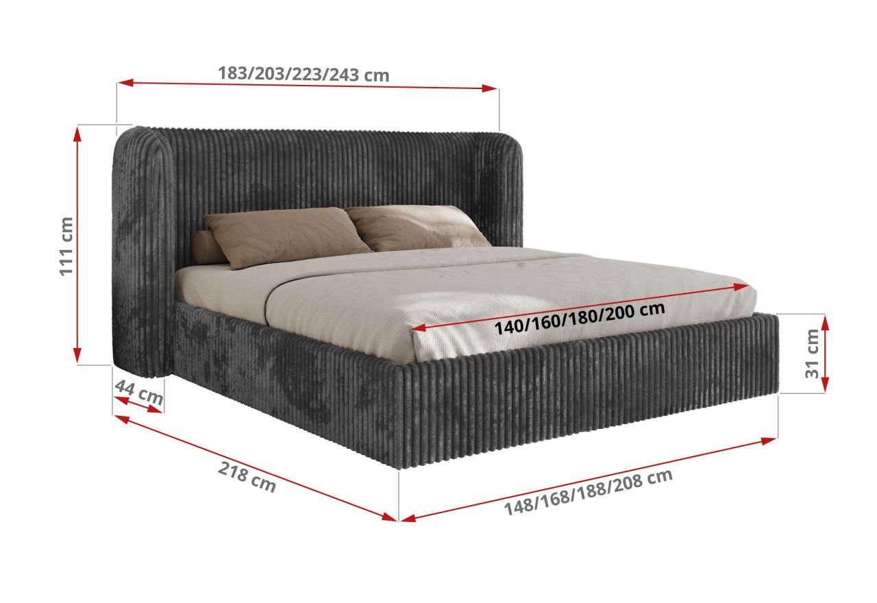 Łóżko tapicerowane EMORA CLASSIC 180x200 - materac pocket - szary, sztruks