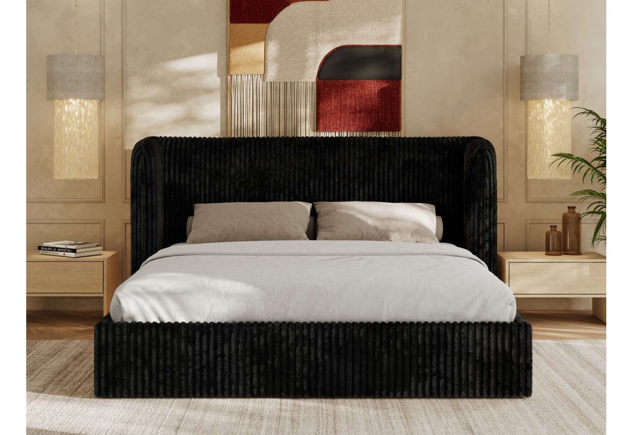 Łóżko tapicerowane EMORA CLASSIC 200x200 - materac piankowy - czarny, sztruks