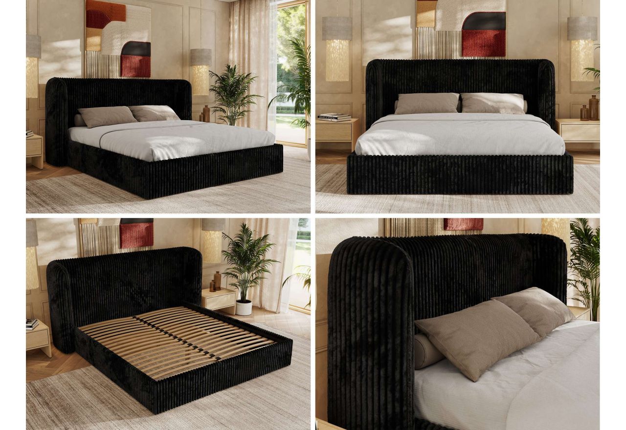 Łóżko tapicerowane EMORA CLASSIC 200x200 - materac pocket - czarny, sztruks