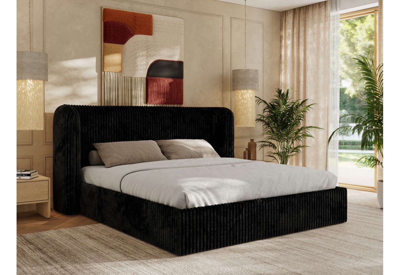 Łóżko tapicerowane EMORA CLASSIC 200x200 - materac multipocket - czarny, sztruks