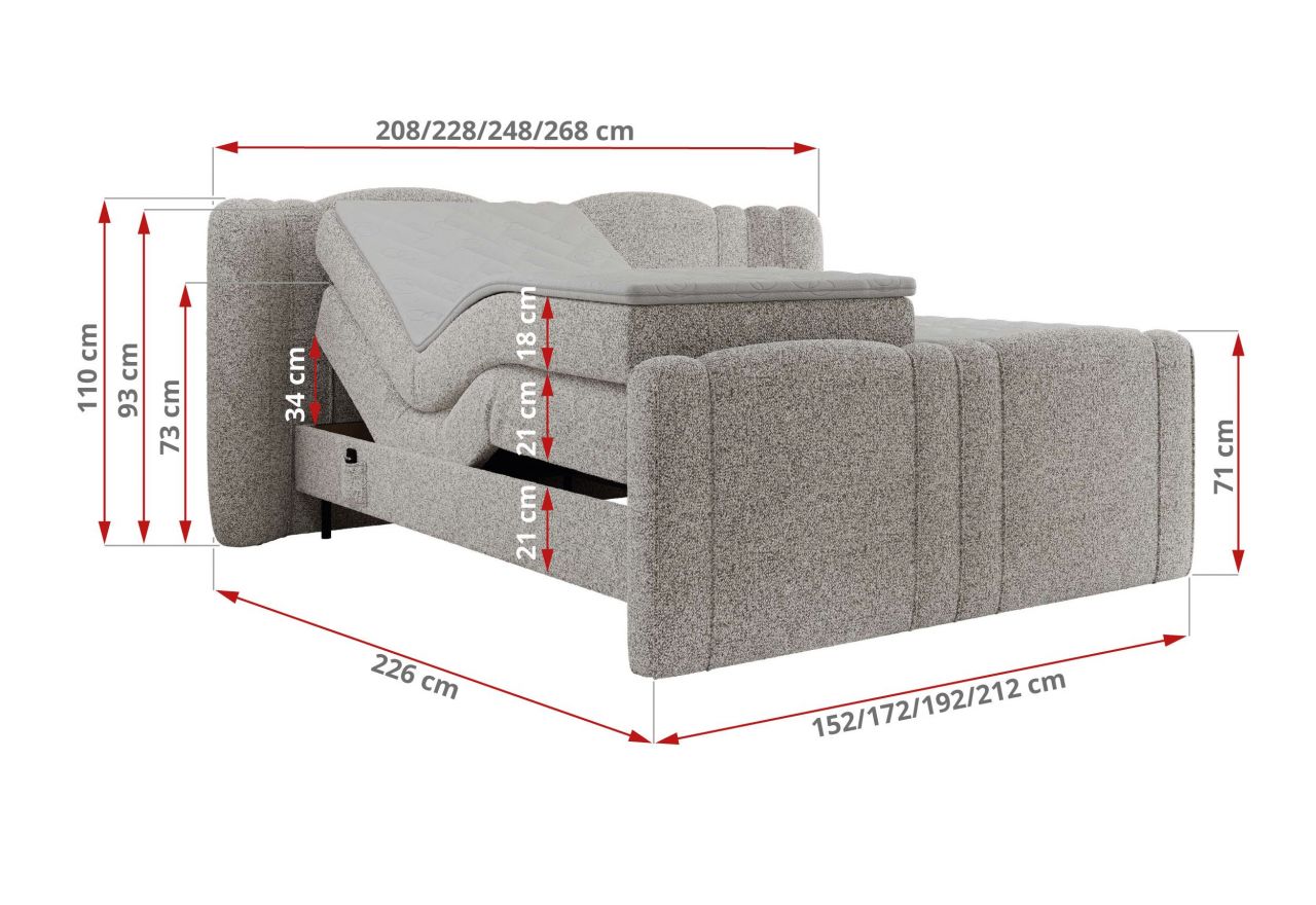 Łóżko kontynentalne, elektrycznie sterowane z pilota - FORTINA 160x200 - H3 - jasnoszary, struktura