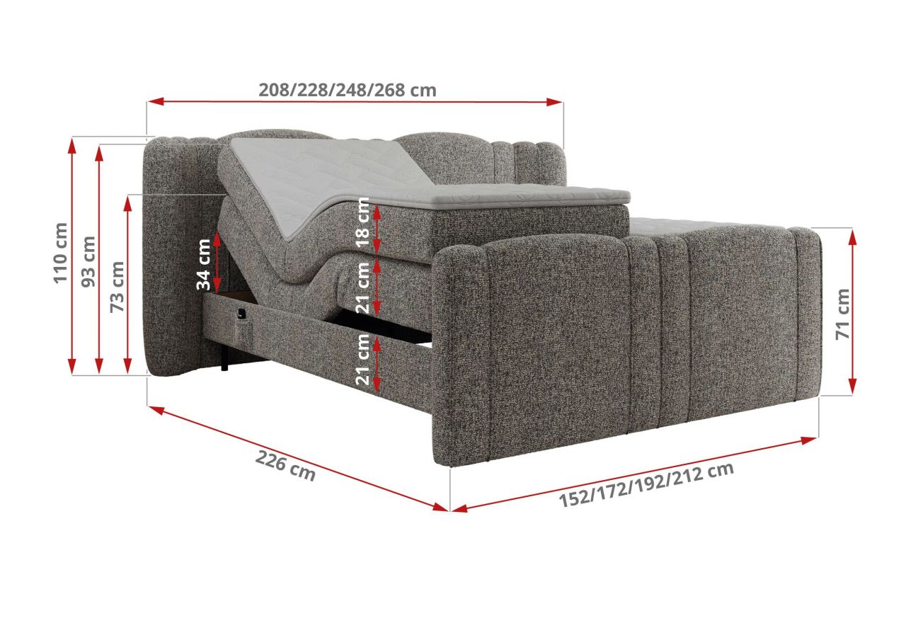 Łóżko kontynentalne, elektrycznie sterowane z pilota - FORTINA 180x200 - H4 - szary, struktura