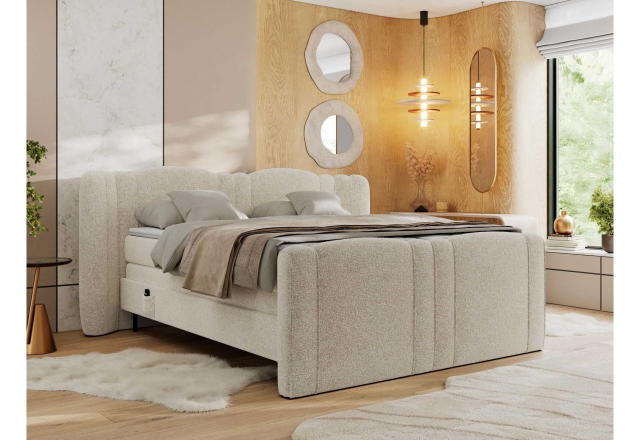 Łóżko kontynentalne, elektrycznie sterowane z pilota - FORTINA 160x200 - H4 - kremowy, struktura