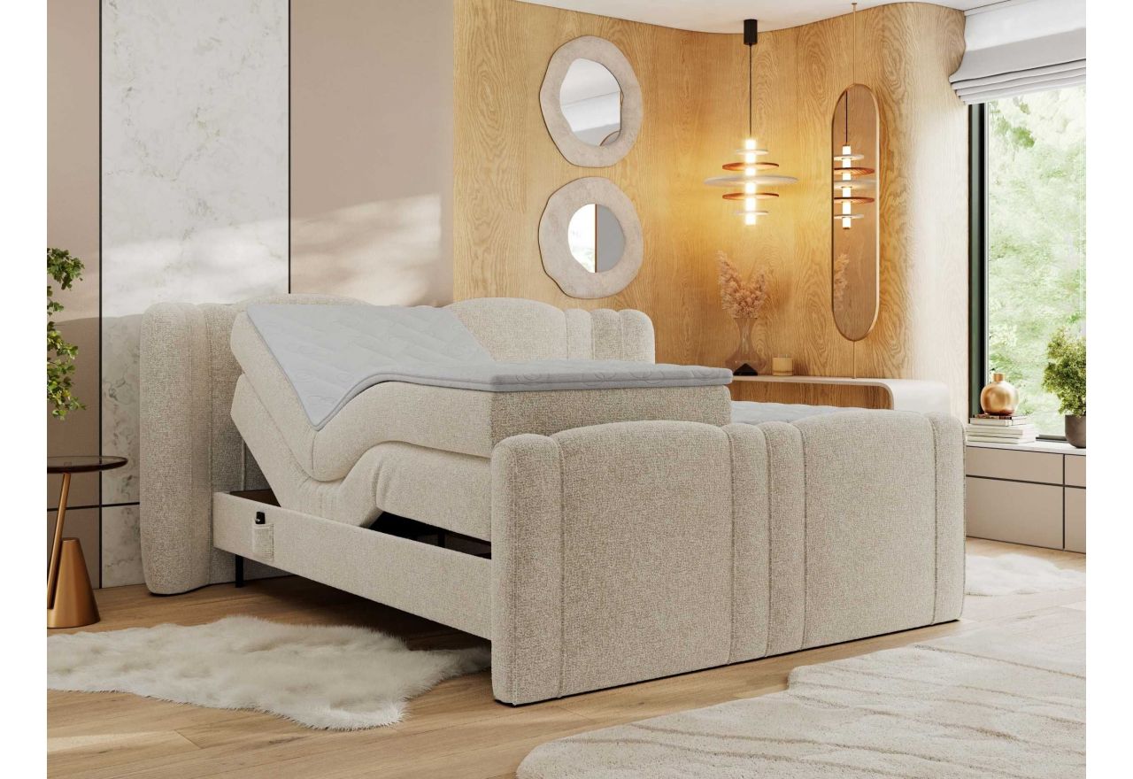 Łóżko kontynentalne, elektrycznie sterowane z pilota - FORTINA 180x200 - H3 - kremowy, struktura