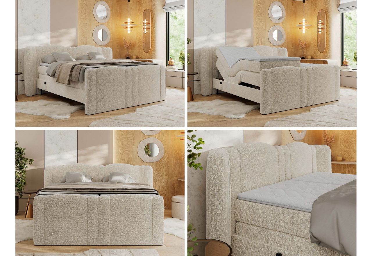 Łóżko kontynentalne, elektrycznie sterowane z pilota - FORTINA 160x200 - H3 - kremowy, struktura