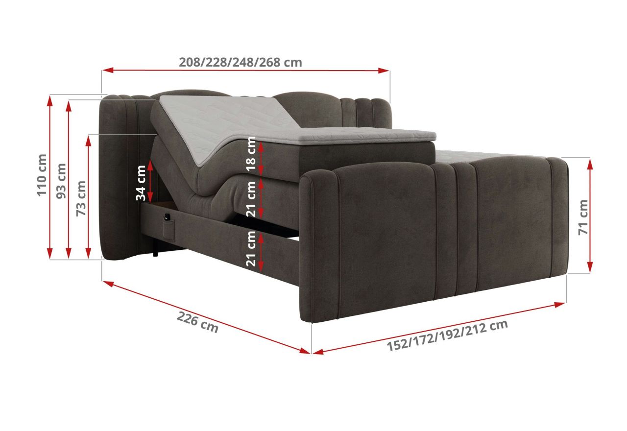 Łóżko kontynentalne, elektrycznie sterowane z pilota - FORTINA 180x200 - H4 - ciemnoszary, welwet