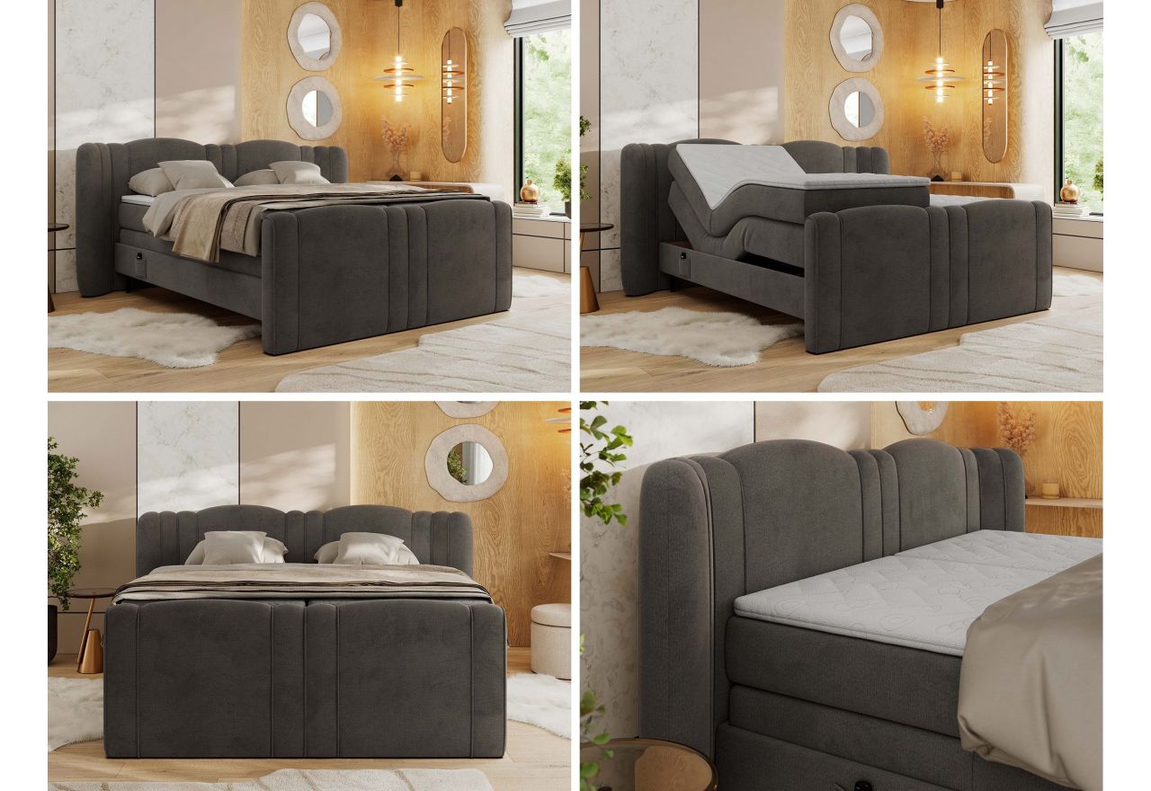 Łóżko kontynentalne, elektrycznie sterowane z pilota - FORTINA 140x200 - H3 - ciemnoszary, welwet