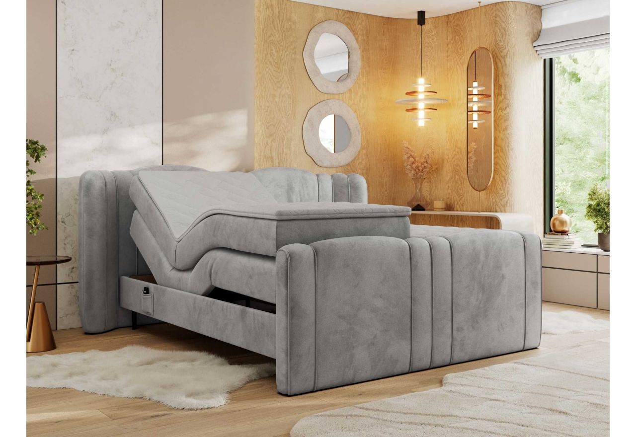 Łóżko kontynentalne, elektrycznie sterowane z pilota - FORTINA 200x200 - H3 - jasnoszary, welwet