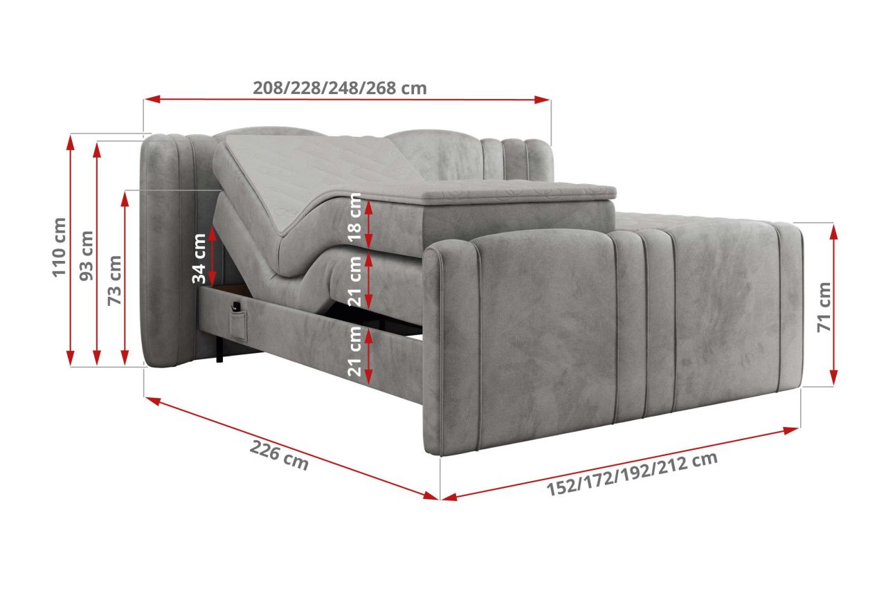 Łóżko kontynentalne, elektrycznie sterowane z pilota - FORTINA 160x200 - H3 - jasnoszary, welwet