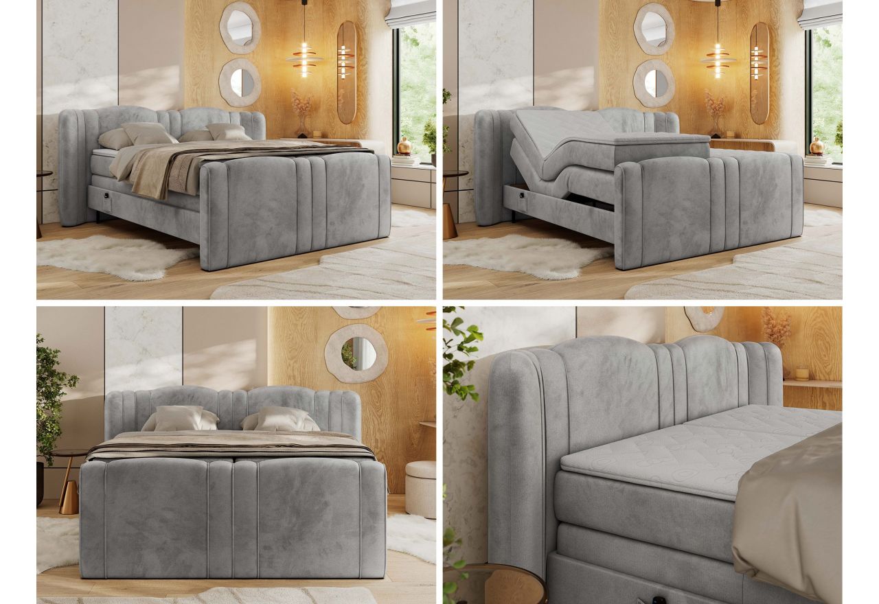 Łóżko kontynentalne, elektrycznie sterowane z pilota - FORTINA 140x200 - H3 - jasnoszary, welwet