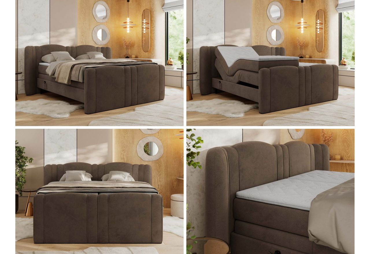 Łóżko kontynentalne, elektrycznie sterowane z pilota - FORTINA 180x200 - H3 - brązowy, welwet