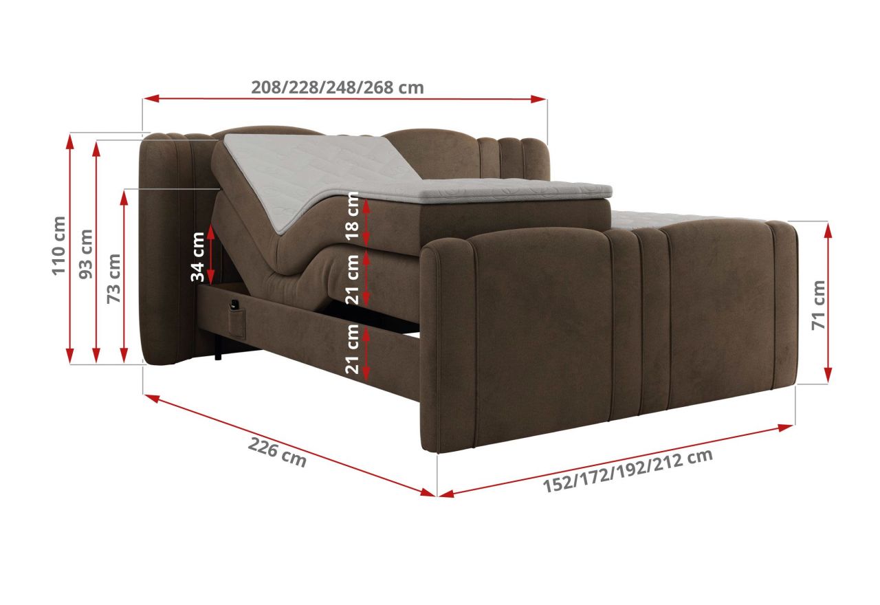 Łóżko kontynentalne, elektrycznie sterowane z pilota - FORTINA 140x200 - H3 - brązowy, welwet