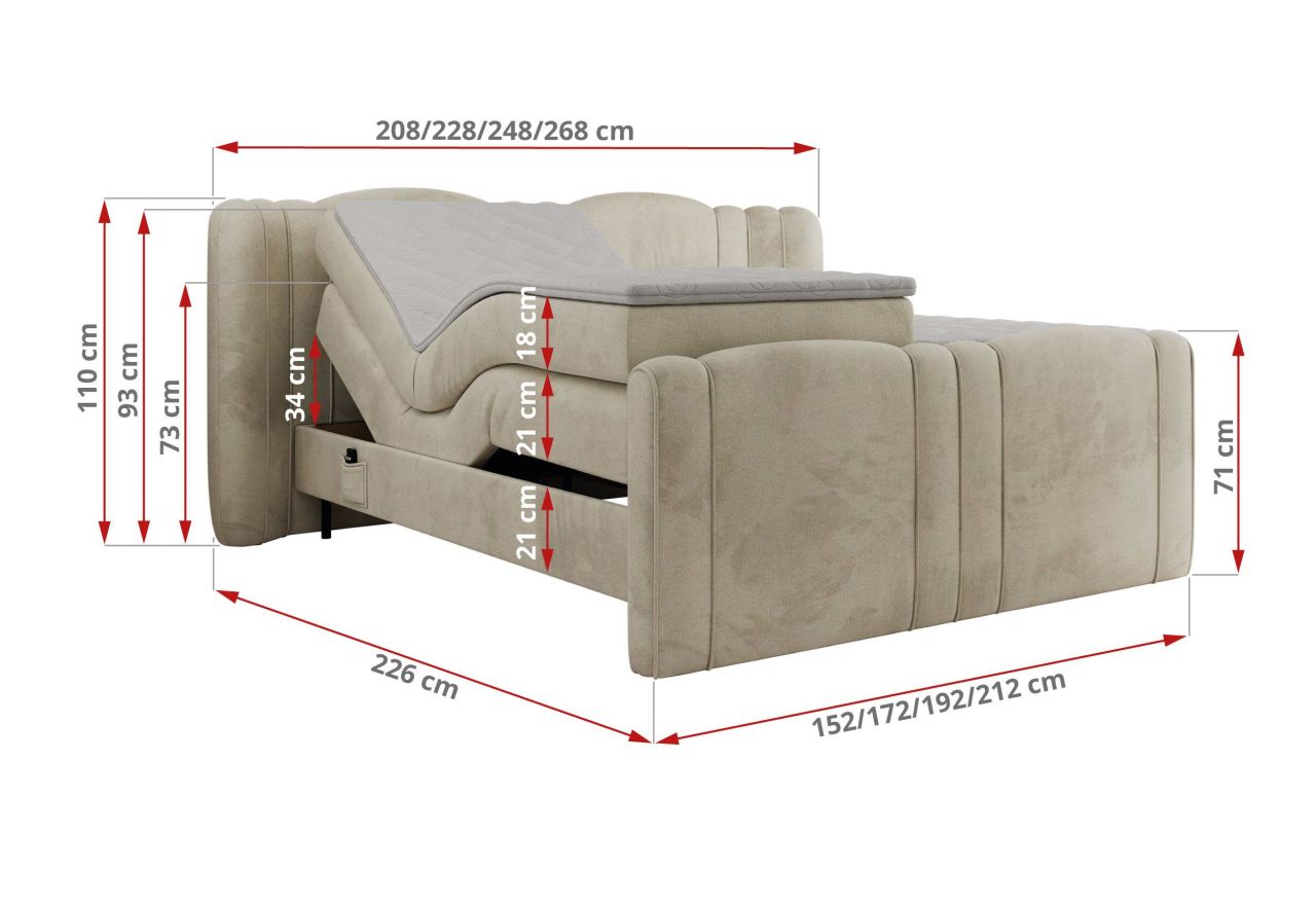 Łóżko kontynentalne, elektrycznie sterowane z pilota - FORTINA 200x200 - H3 - beżowy, welwet