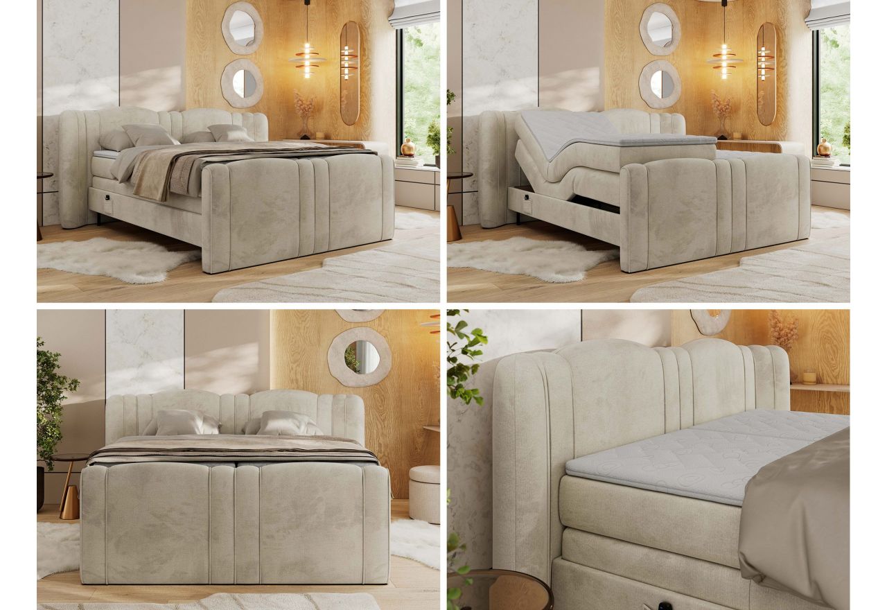 Łóżko kontynentalne, elektrycznie sterowane z pilota - FORTINA 200x200 - H3 - beżowy, welwet