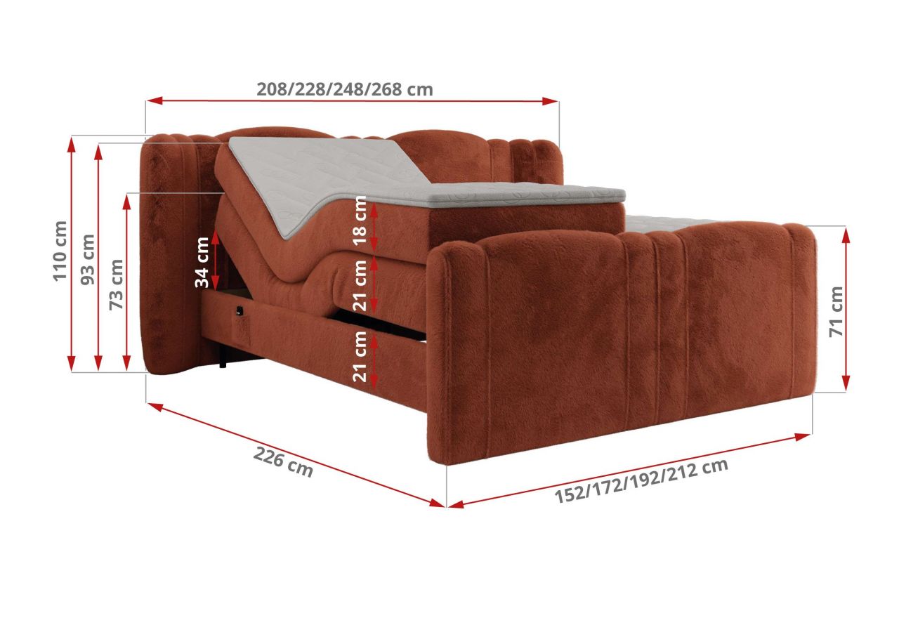Łóżko kontynentalne, elektrycznie sterowane z pilota - FORTINA 160x200 - H3 - pomarańczowy, plusz