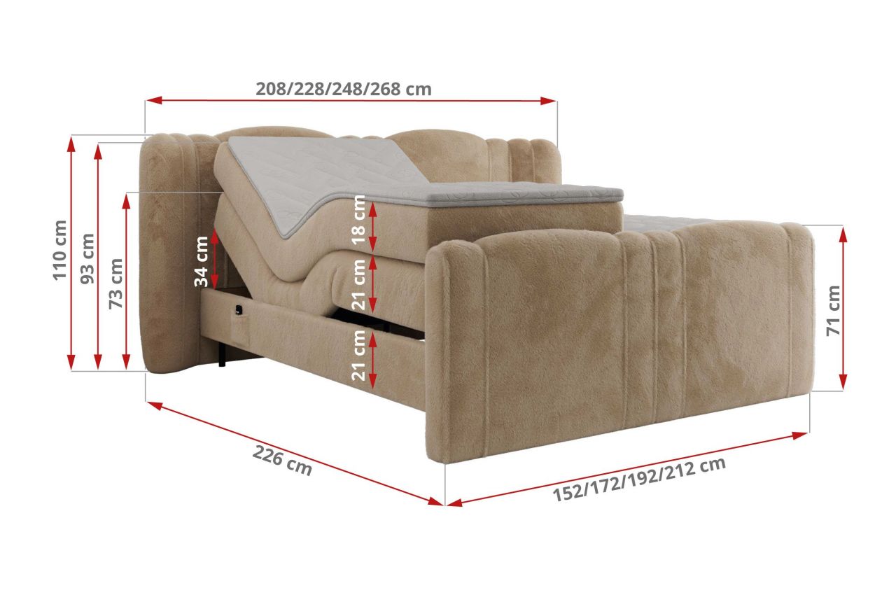 Łóżko kontynentalne, elektrycznie sterowane z pilota - FORTINA 200x200 - H4 - beżowy, plusz