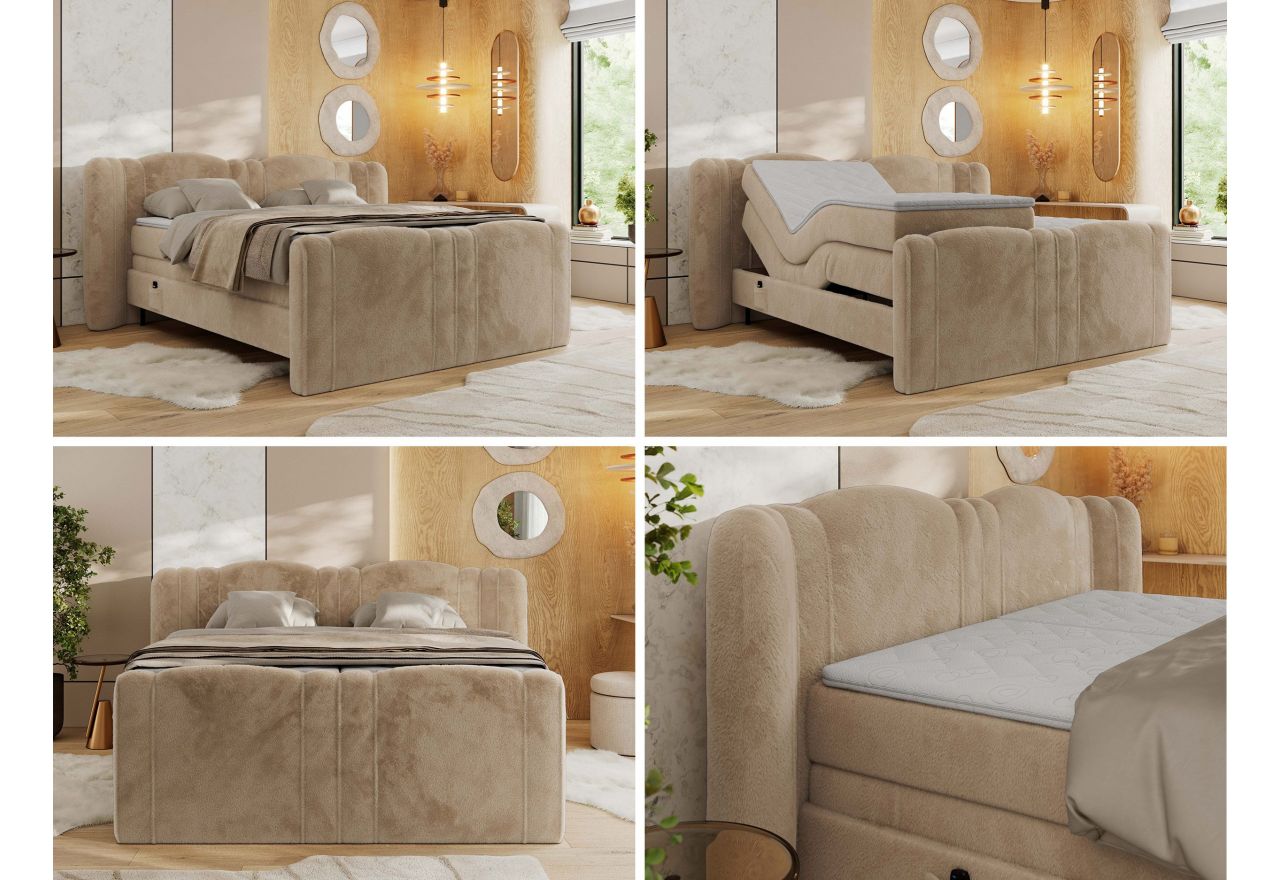 Łóżko kontynentalne, elektrycznie sterowane z pilota - FORTINA 200x200 - H4 - beżowy, plusz