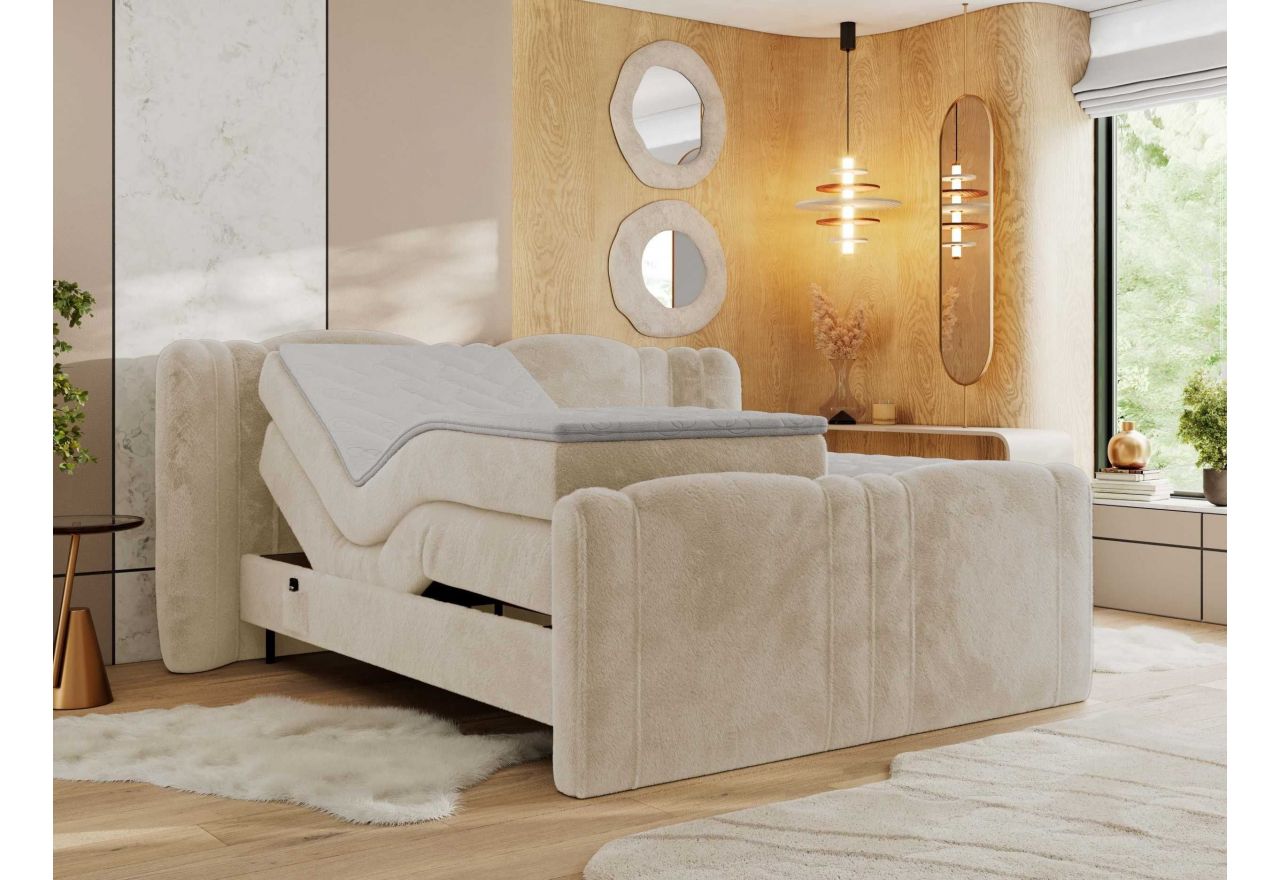 Łóżko kontynentalne, elektrycznie sterowane z pilota - FORTINA 160x200 - H4 - kremowy, plusz