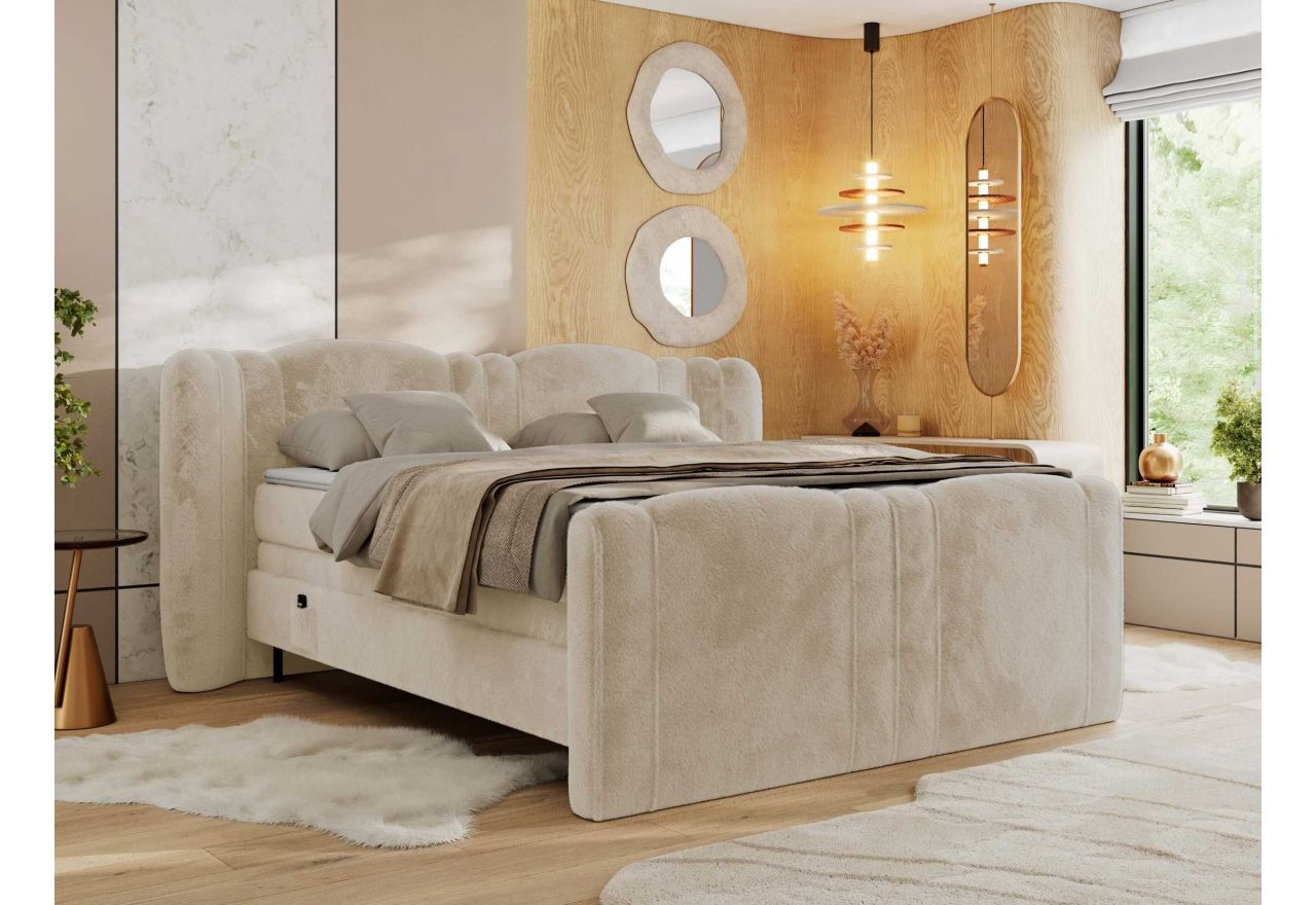 Łóżko kontynentalne, elektrycznie sterowane z pilota - FORTINA 160x200 - H3 - kremowy, plusz