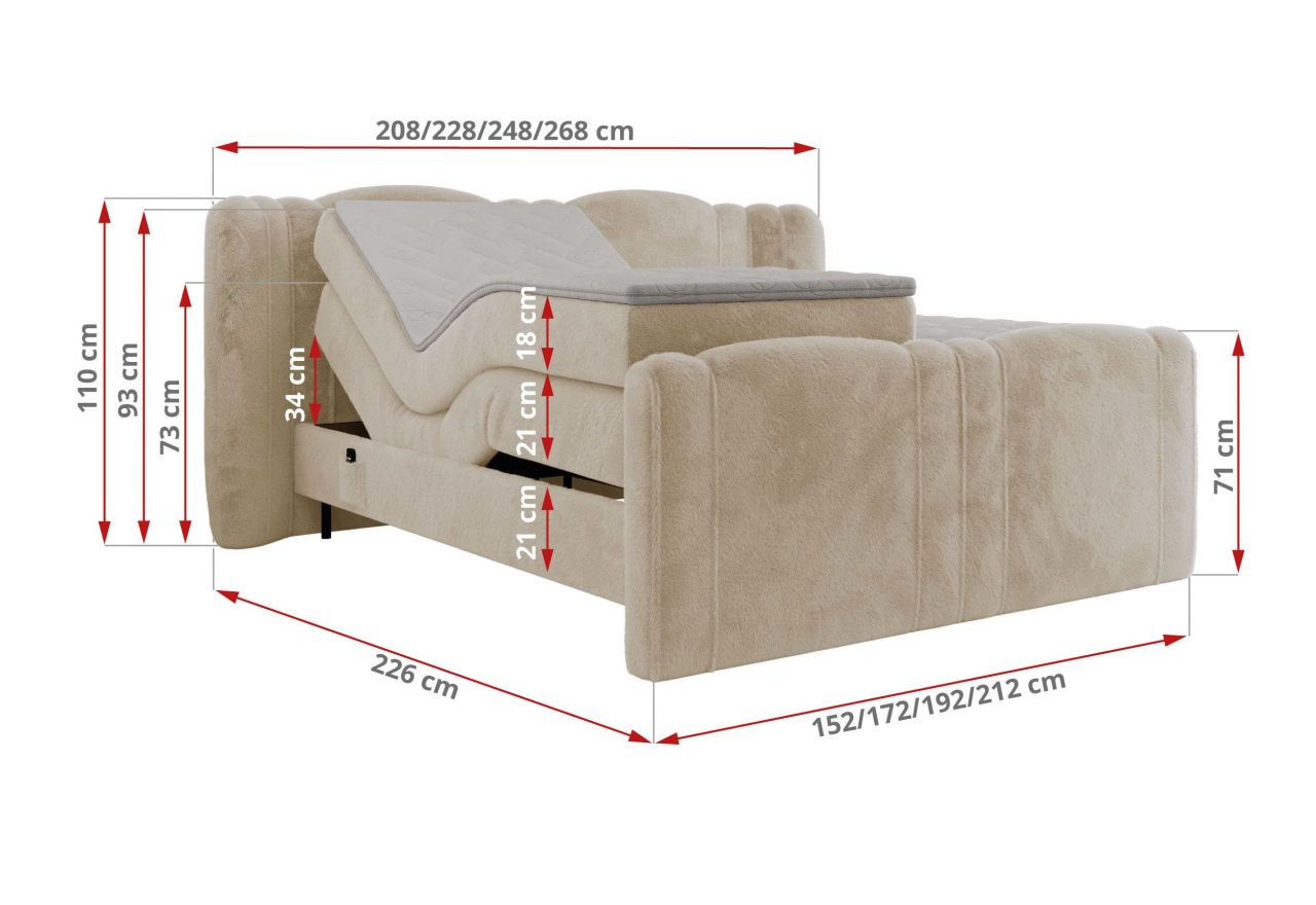 Łóżko kontynentalne, elektrycznie sterowane z pilota - FORTINA 160x200 - H3 - kremowy, plusz