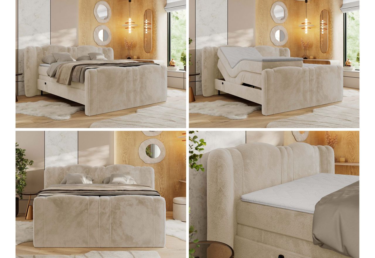 Łóżko kontynentalne, elektrycznie sterowane z pilota - FORTINA 160x200 - H3 - kremowy, plusz