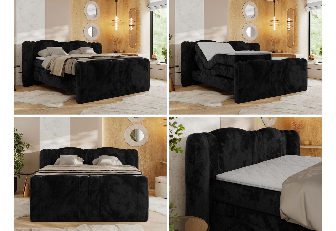 Łóżko kontynentalne, elektrycznie sterowane z pilota - FORTINA 200x200 - H3 - czarny, plusz