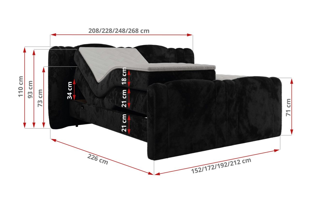 Łóżko kontynentalne, elektrycznie sterowane z pilota - FORTINA 160x200 - H3 - czarny, plusz