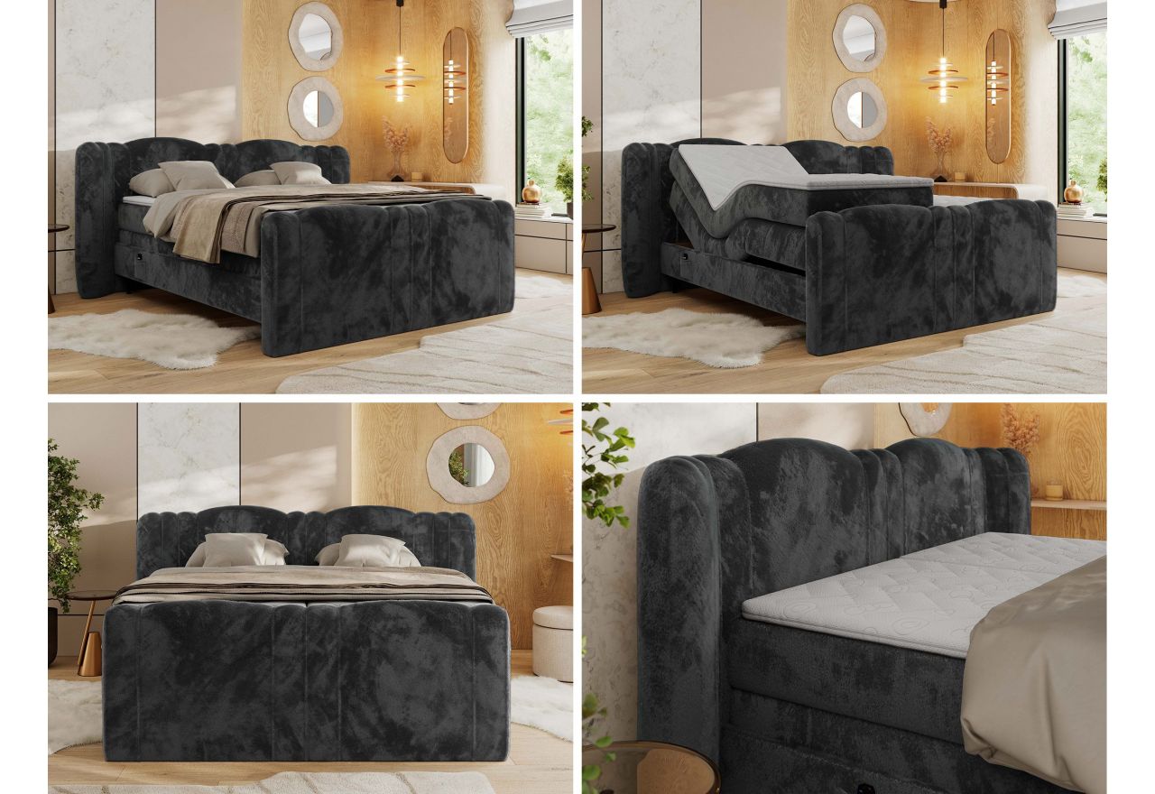 Łóżko kontynentalne, elektrycznie sterowane z pilota - FORTINA 180x200 - H4 - ciemnoszary, plusz