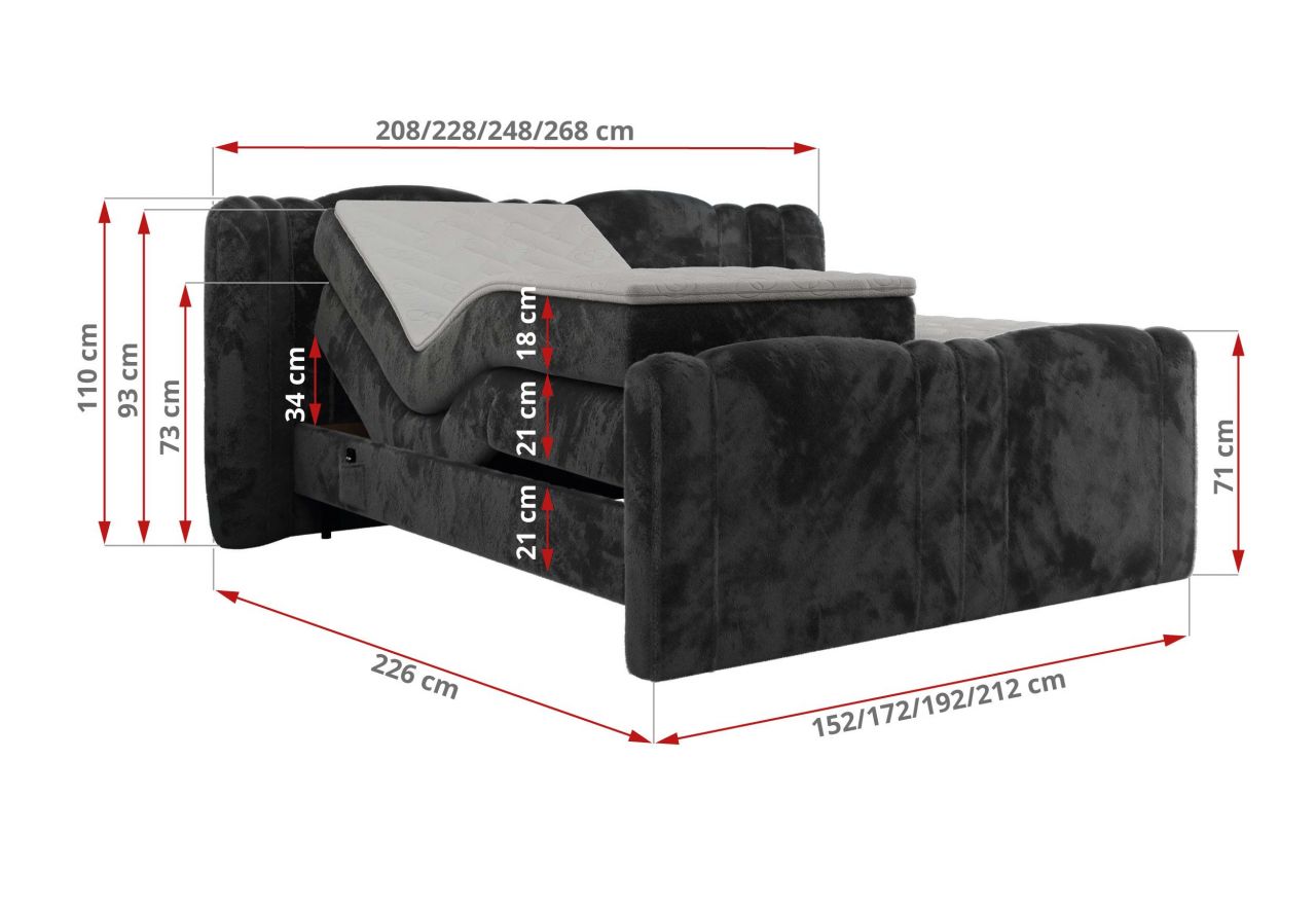 Łóżko kontynentalne, elektrycznie sterowane z pilota - FORTINA 160x200 - H3 - ciemnoszary, plusz