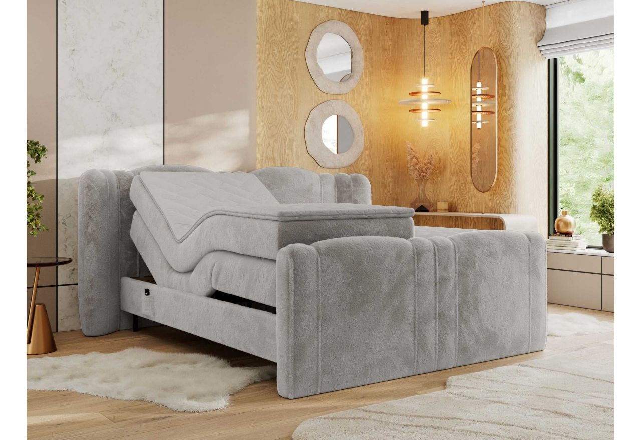 Łóżko kontynentalne, elektrycznie sterowane z pilota - FORTINA 200x200 - H4 - jasnoszary, plusz